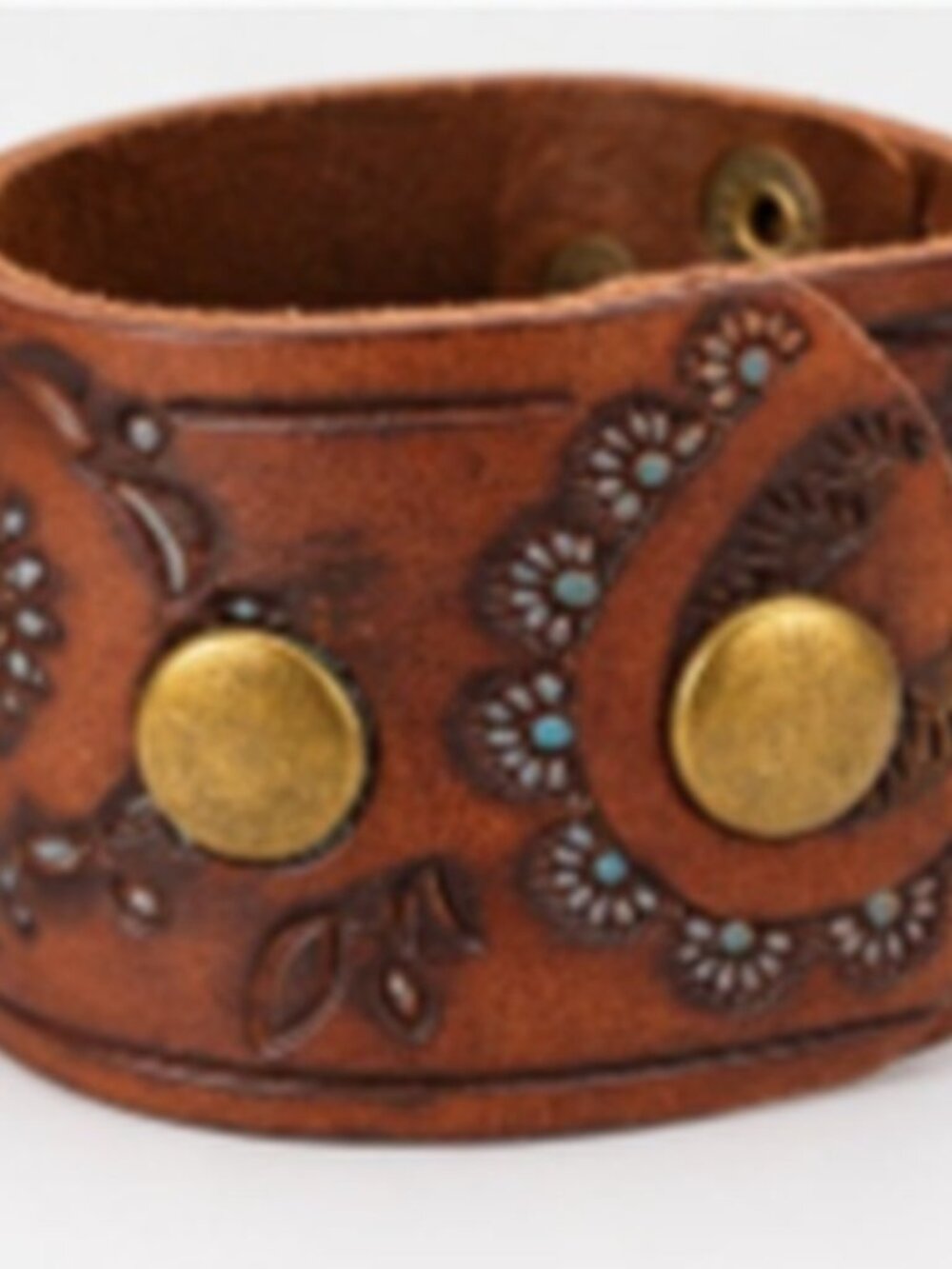 Brown Tooled Leather Western Cuff Bracelet with Turquoise Accents